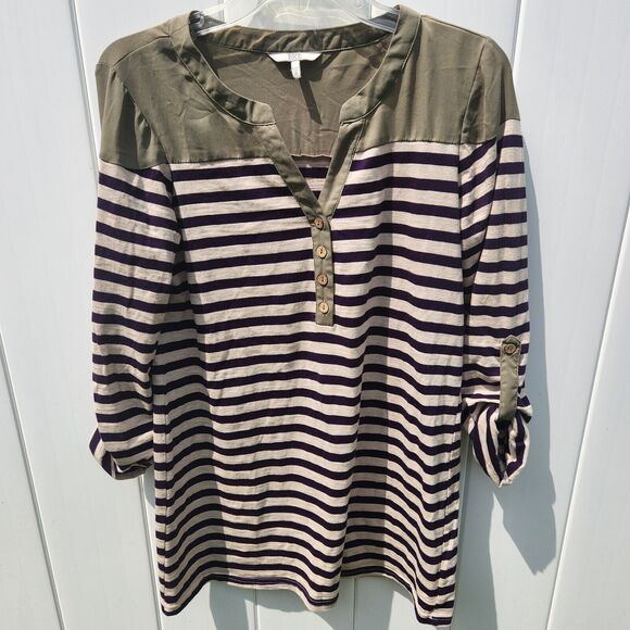 BKE Striped Henley Top Sz Sm V Neck Green Blue Cream Split Neck Tunic Roll Tab - Picture 2 of 9